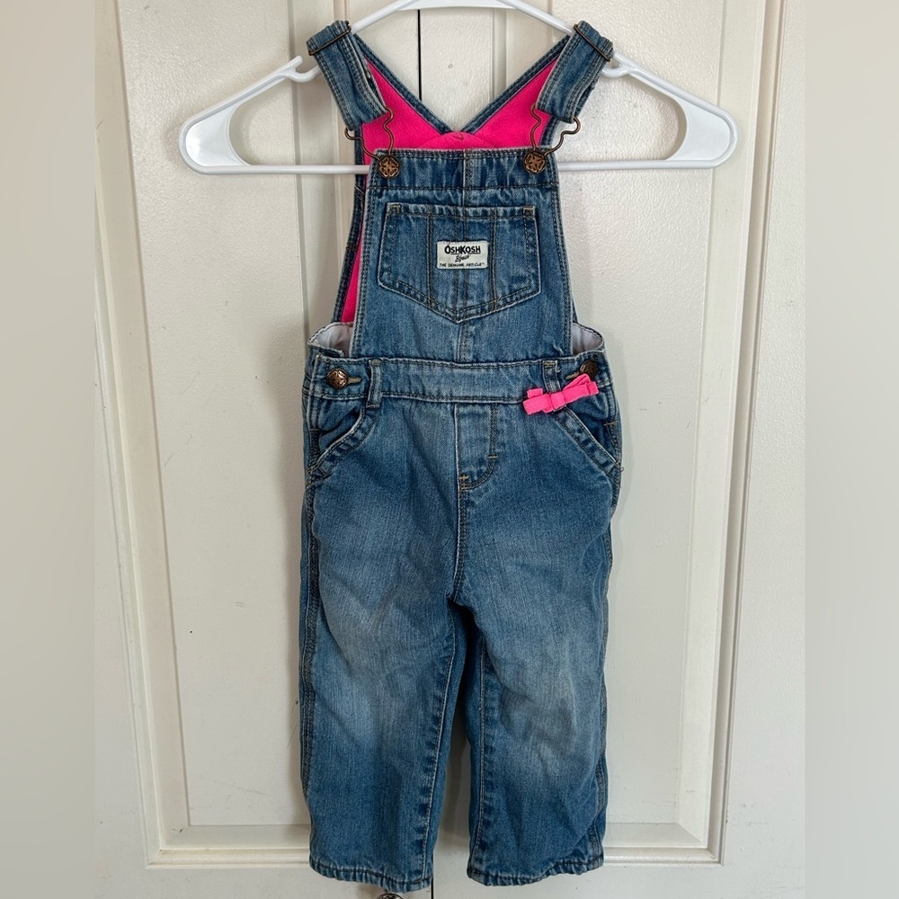 Vintage Osh Kosh B’ Gosh Overalls Denim Jeans Pink Fleece Lining Toddler Size 2T